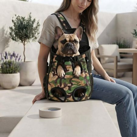 Mochila Transportadora Ergonómica Frontal para Mascotas.Pechera Acolchada. Diseño Camuflado. Talla L