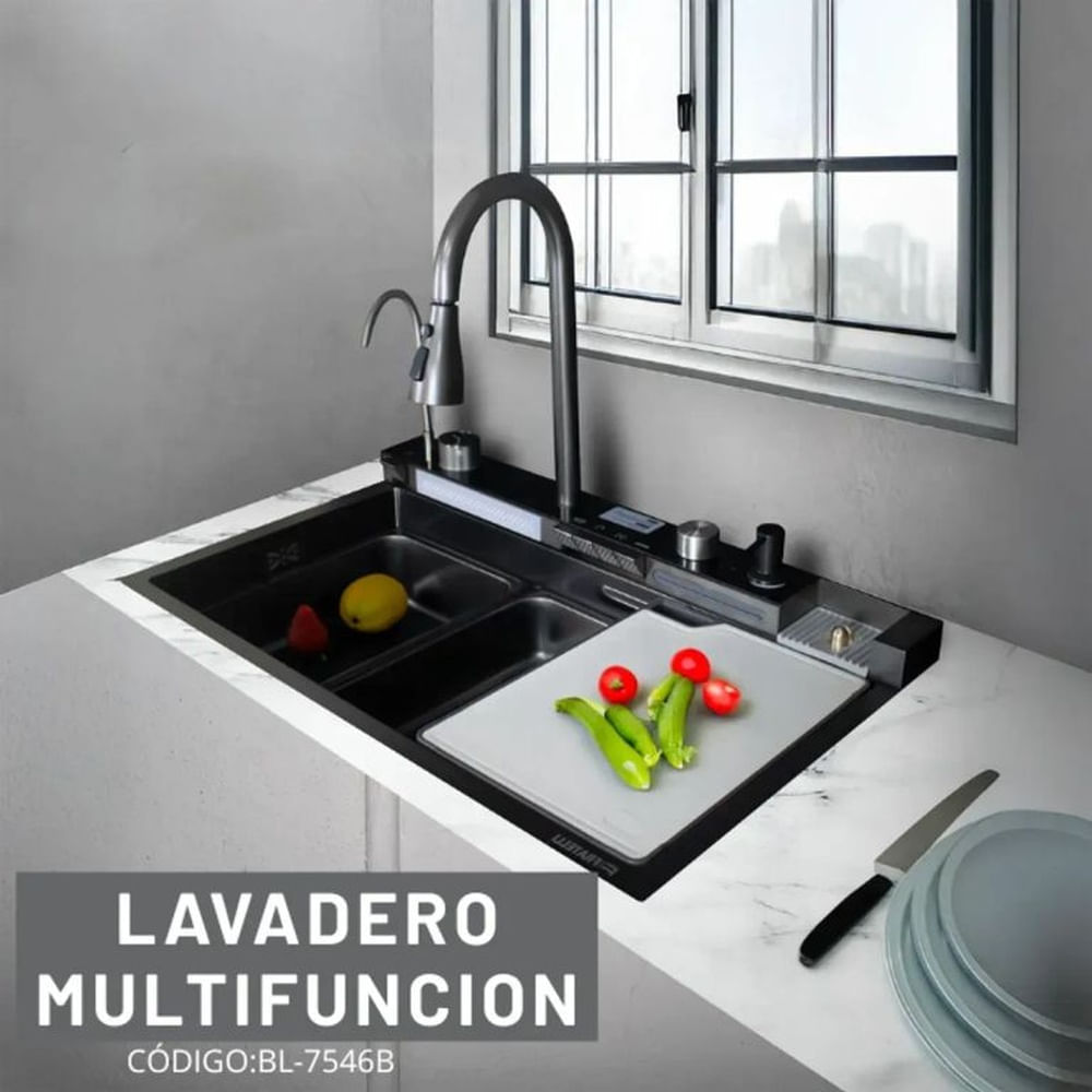 Lavadero Doble Poza Premium Negro con Porta Cuchillos y Dispensador