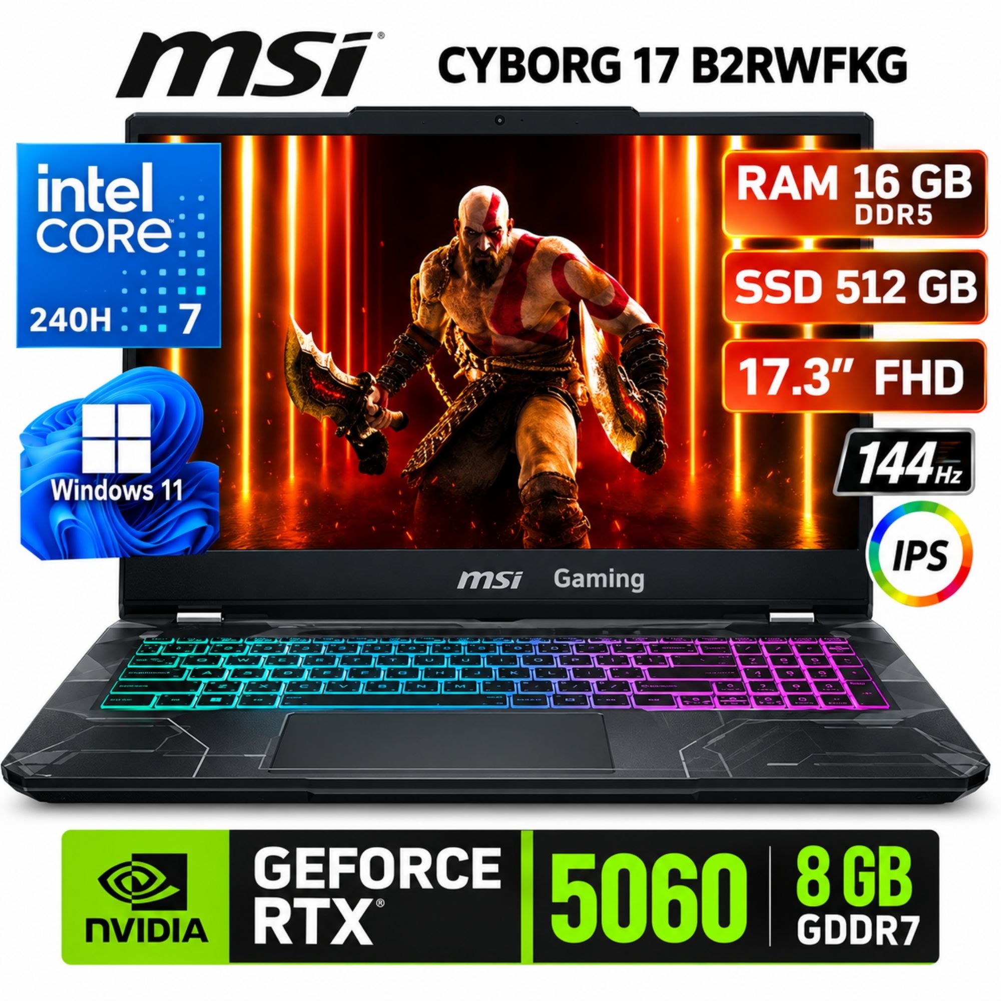 LAPTOP MSI CYBORG 17 B2RWFKG INTEL CORE 7 240H -Ram16GB SSD 512GB RTX 5060 8GB 17.3 FHD WIN 11