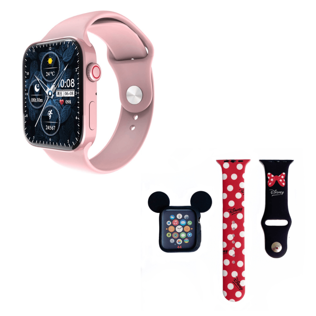 Pack Smartwatch N76 serie 7 Rosado + Case Funda Mickey Mouse + Correa Minnie Mouse Rojo