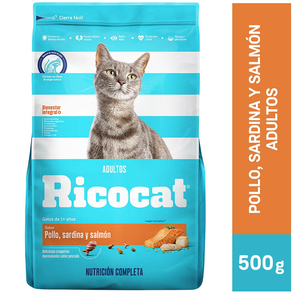 Alimento para Gato RICOCAT Adulto Sabor Pollo, Sardina y Salmón Bolsa 500g