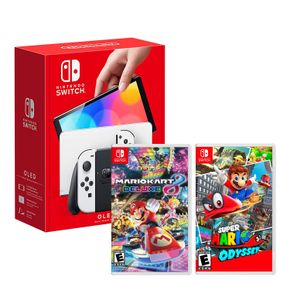 Nintendo Switch OLED Blanco + Mario Kart 8 + Super Mario Odyssey