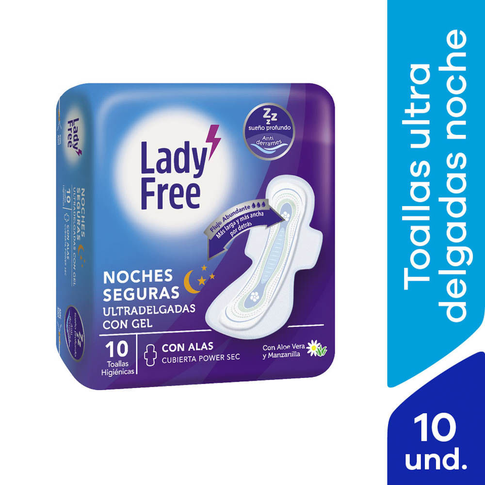 Toallas Higiénicas Lady Free Noches Seguras Ultra-Delgadas con Alas - Bolsa 10 UN