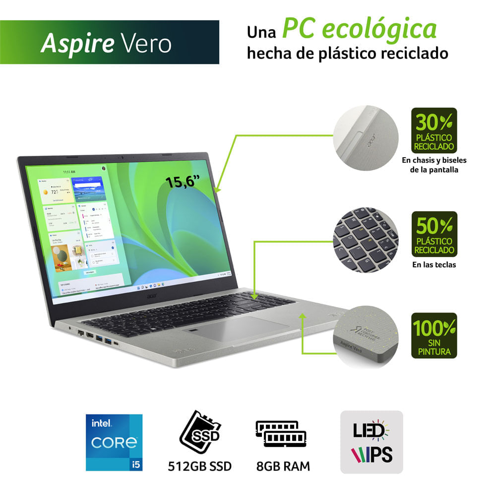 Laptop Acer Ecológica Aspire Vero AV15-51-567Y Intel Core i5 8GB RAM 512GB SSD 15.6""