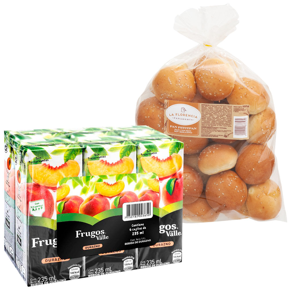 Pack Néctar FRUGOS Durazno Caja 235ml Paquete 6un + Petipan LA FLORENCIA Bolsa 550g