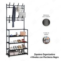 Zapatera Organizadora 4 Niveles con Percheros Negro