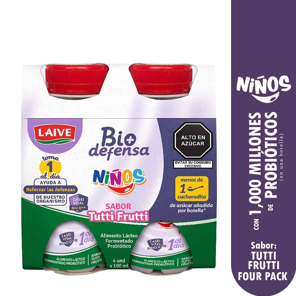 Alimento Lácteo LAIVE Bio Defensa Niños Tutti Frutti Paquete 4un Botella 100ml
